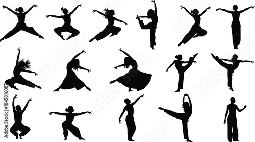 Silhouette collection of female dancers performing expressive movements, jumps, and poses, showcasing contemporary dance, flexibility, grace, artistic motion, and performing arts