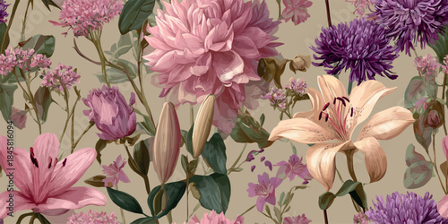 Elegant lily and chrysanthemum floral seamless pattern in soft pink and purple tones for feminine fabrics and delicate stationery