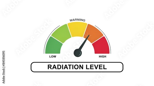 Radiation level gauge meter animation displaying low to high intensity levels. Ideal for nuclear safety, environmental monitoring and hazard warnings