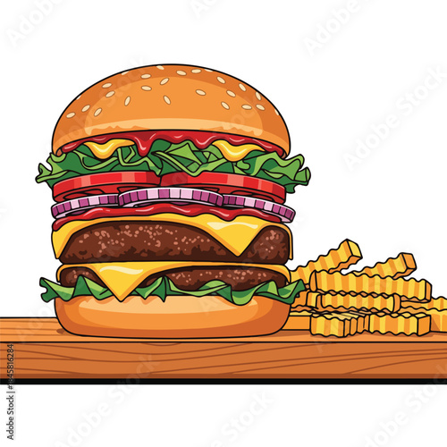 Illustration of a double cheeseburger with lettuce, tomato, onion and fries on a wooden table against a white background.