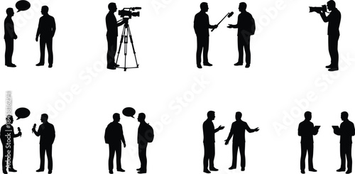 Silhouette collection of reporters interviewing people, camera operators filming, journalists asking questions, capturing dialogue, media communication, news coverage,