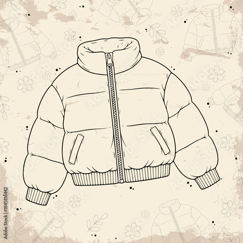 Hand Drawn Cozy Puffer Jacket Line Art Illustration on Patterned Background, Warm Winter Outerwear Sketch, Cute Floral Clothing Artwork Style