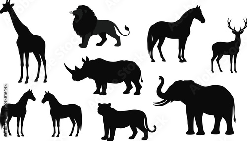 Silhouette collection of wild animals including giraffe, lion, horse, deer, rhinoceros, elephant, and tiger, ideal for wildlife design and nature illustration themes