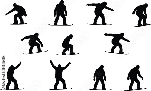 Silhouette collection of snowboarders performing jumps, tricks, and riding poses, showcasing winter sports action, freestyle movement, athletic performance, balance, and snowboarding skills