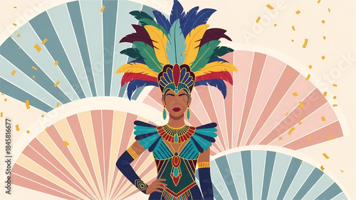 Stylized illustration of a vibrant carnival dancer in a colorful, feathered costume and headdress, with decorative fans and confetti in the background.