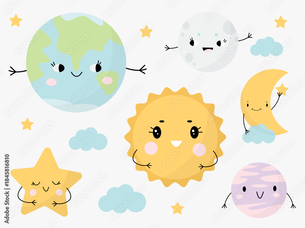 Fototapeta premium A set of celestial elements in a cute children's style for educational posters or a child's room. Sun, Earth, moon, star, cloud