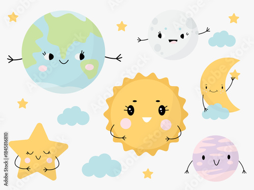 A set of celestial elements in a cute children's style for educational posters or a child's room. Sun, Earth, moon, star, cloud