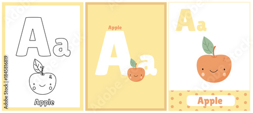 Set of educational cards with the letter A and a cute apple for primary school children