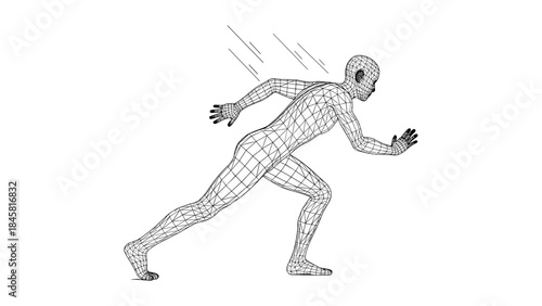 Wireframe silhouette of a running human in motion with dynamic lines