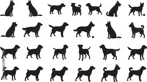 Silhouettes of 25 dogs in various poses, sitting, standing, playful motion, breed diversity, pet illustration, canine anatomy, animal graphic