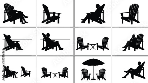 Silhouettes of Adirondack chairs with people, outdoor seating, leisure pose, patio setup, umbrella, table, relaxation, furniture arrangement