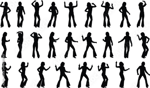 Silhouettes of dancing women in retro disco poses, energetic female dancers in motion, expressive dance movements collection for vintage dance themes