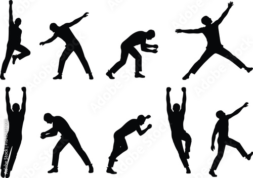 Silhouettes of dynamic human poses, jumping, running, crouching, expressive movement, motion study, figure drawing, physical training, action reference, energy