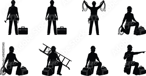 Silhouettes of electricians and construction workers with tools, toolboxes, cables, ladders, and equipment in multiple poses for trade industry illustrations