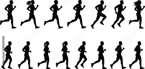 Silhouettes of men and women running and jogging in various poses for fitness, sports, exercise, athlete, marathon, and training illustrations