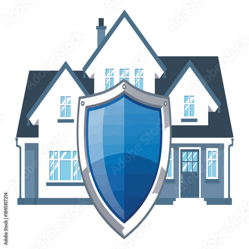 A charming house with a blue protective shield in front, symbolizing home insurance, security, and property protection, illustrating concepts of safety and peace of mind