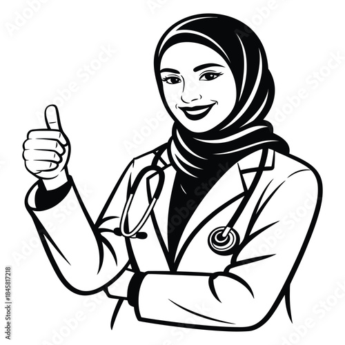 A confident female doctor wearing a hijab and lab coat, giving a thumbs up gesture, representing medical professionalism, trust, and positive healthcare communication