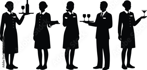 Silhouettes of waitstaff holding trays, wine service, formal attire, hospitality staff, restaurant service, food presentation, elegant dining, catering scene