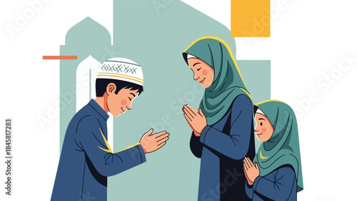 Illustration of a Muslim family greeting each other with traditional Islamic clothing and gestures in a colorful, flat design.