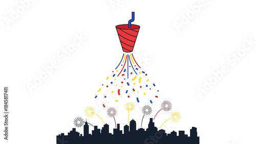 Vibrant vector illustration of a party popper exploding with colorful confetti over a dark city skyline, symbolizing celebration and festive urban events