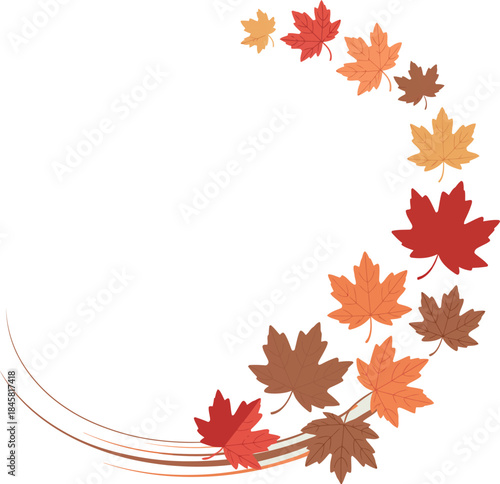 A swirling arrangement of autumn maple leaves in warm colors on a white background
