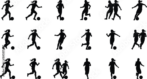 soccer, football, female, woman, athlete, sports, player, silhouette, running, dribbling, kicking, competition, teamwork, fitness, action