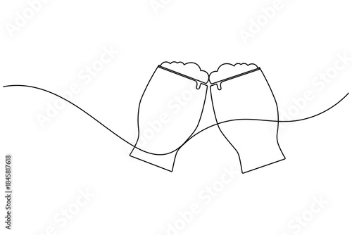 continuous line art drawing depicting two beer glasses clinking in a cheerful toast, symbolizing celebration and camaraderie
