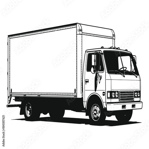 Black and white vector illustration of a delivery truck with a large cargo box, perfect for concepts related to transportation, logistics, and commercial shipping on a white background