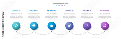 Progress bar featuring 6 arrow-shaped elements, symbolizing the six stages of business strategy and progression. Clean timeline infographic design template. Vector for mobile presentation.