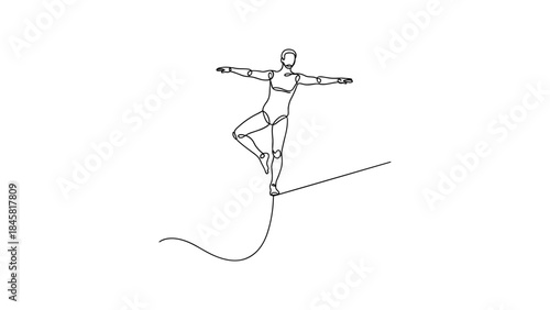 Minimalist line art of tightrope walker in balance pose on wire