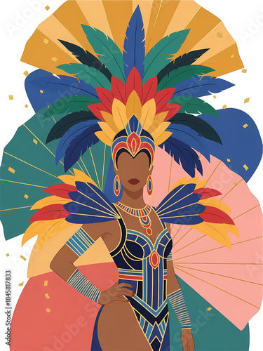 Dynamic illustration of a striking carnival dancer with a feather headdress and colorful costume against a decorative background of multi-colored fans.