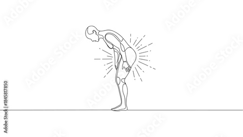 Minimalist line art of tired man with back pain
