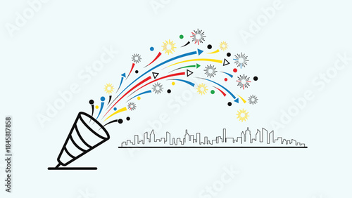 Vibrant vector illustration of a festive celebration with a party popper shooting colorful confetti streams over a stylized city skyline, symbolizing success, joy, and urban events