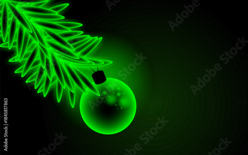 Neon Christmas Tree Branch with Glowing Green Ornament