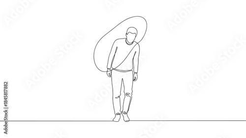 Continuous line drawing of man carrying large bag in minimalist style