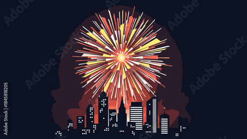 Vibrant vector illustration of a dazzling fireworks show illuminating a detailed urban skyline at night, capturing the excitement of festive events and grand celebrations