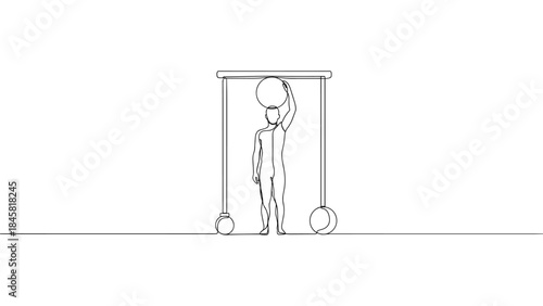 Minimalist line art of person balancing geometric figures in linear style