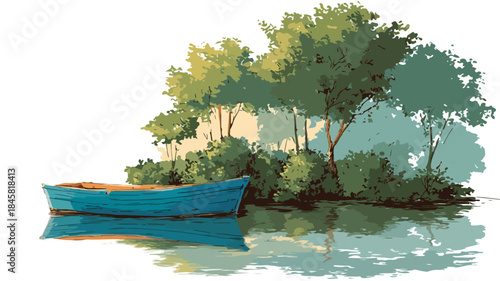 Boat in Water with Background Trees, Tranquil Nature Scene Vector Illustration