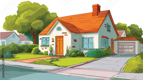 Cartoon House with Driveway and Driveway Vector Illustration
