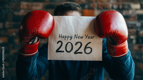 Boxer wearing red gloves holding 2026 Happy New Year sign symbolizing strength, determination, and fresh start. Generative AI