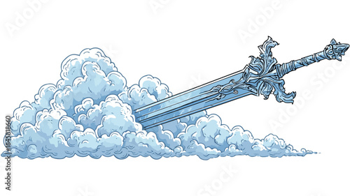 Bold Cartoon Sword Illustration with Dramatic Clouds Background Vector