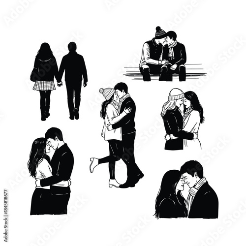 Loving couples embracing and walking together in a winter setting, romantic illustrations