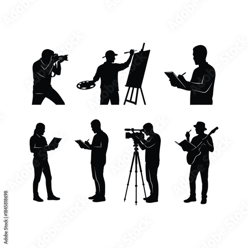 Diverse professionals engaged in artistic and creative pursuits, capturing moments and expressing talent