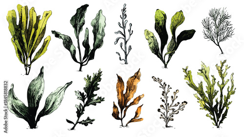 Diverse Collection of Plants Including Seaweed - Botanical Image with Various Plant Species