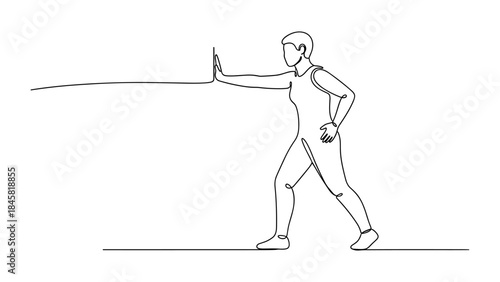 Continuous line art of a person stretching with hand on wall