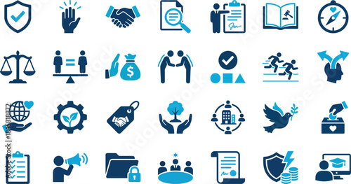 A comprehensive set of corporate social responsibility and governance icons for modern ethical business practices.