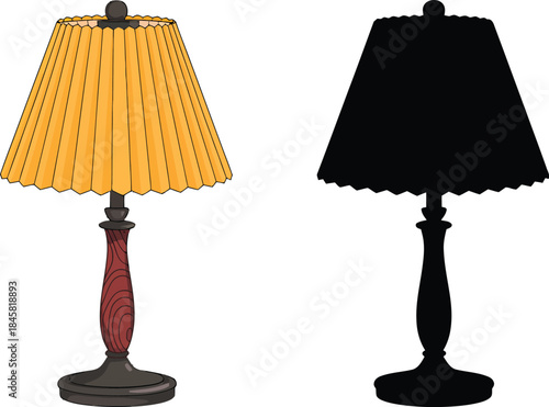 Classic table lamp with a pleated yellow shade alongside its elegant black silhouette