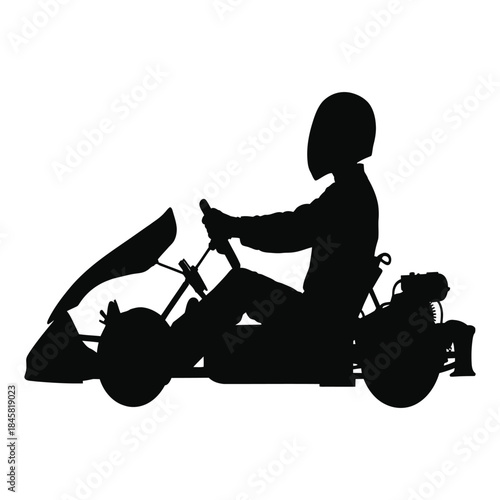 Silhouette of a go-kart driver wearing a helmet, captured in a side profile, against a stark white background, ideal for sports, racing, and motorsport concepts