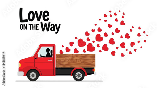 Red truck with two people driving and hearts coming out of back, love on the way