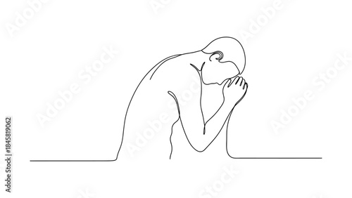 Minimalist continuous line drawing of a contemplative person with hands clasped